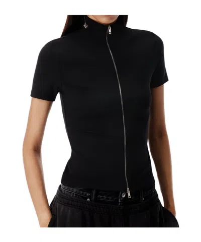 Alexander Wang Rashguard Mock Neck Short Sleeve Top In Black