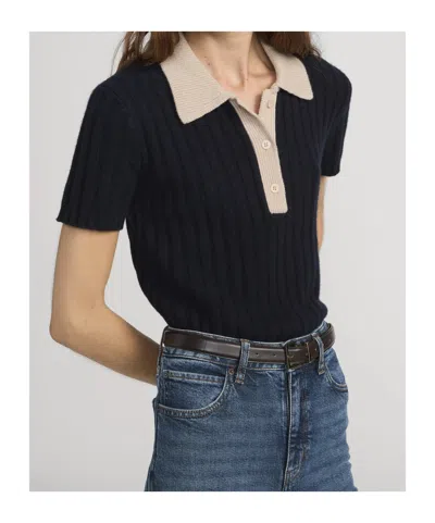 Frame Button Ribbed Polo Top In Black