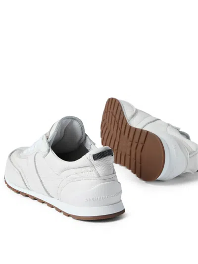 Brunello Cucinelli Grained Soft Leather Runners With Shiny Loops Shoes In White
