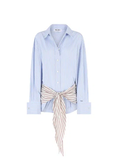 Attico Belted Striped Cotton-poplin Mini Dress In Blue