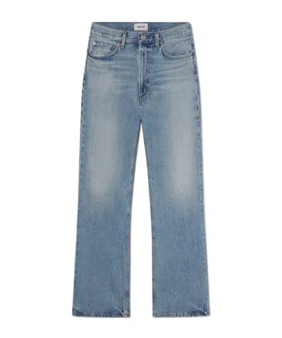 Agolde 90's Pinch Waist Long Frayed High-rise Straight-leg Jeans In Blue