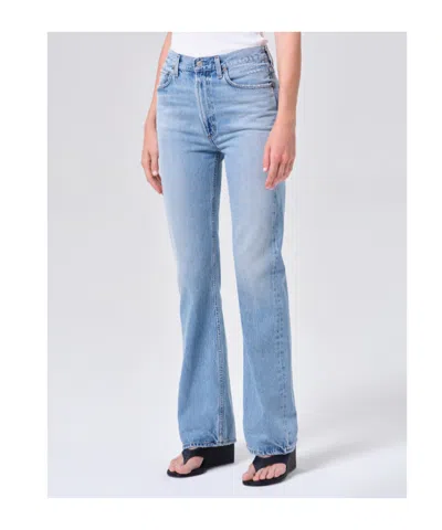 Agolde 90's Pinch Waist Long Frayed High-rise Straight-leg Jeans In Blue
