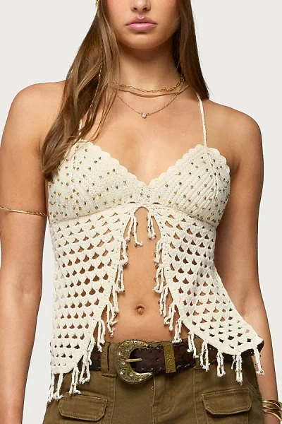 Edikted Maggie Bead Split Front Backless Crochet Top In White