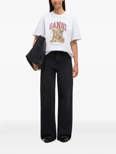 Ganni Womens Bright White Tiger-print Round-neck Cotton-jersey T-shirt Xl