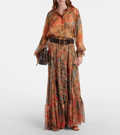 Etro Paisley Print Ruffle Silk Chiffon Maxi Skirt In Multi