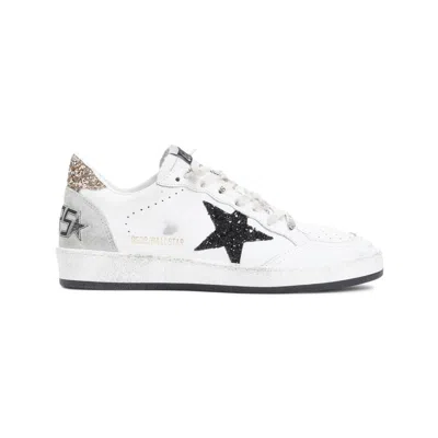 Golden Goose Ballstar White Low Top Sneakers With Glittered Star Patch On The Side And Glittered Heel With Logo L