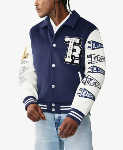 True Religion Varsity Wool Logo Patch Jacket In Blue