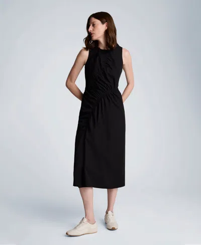Kenneth Cole Asymmetric Ruched Cotton Blend Midi Dress In Black