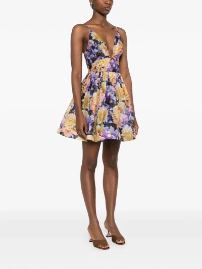 Zimmermann Luna Gathered Floral-print Linen And Silk-blend Mini Dress In Multi