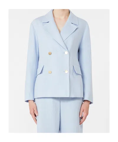Max Mara Blue Solid Notched Lapel Blazer In Blue