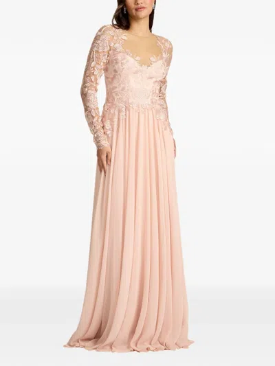 Tadashi Shoji Illusion Lace Embroidered Sleeve Gown In White