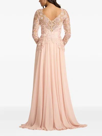 Tadashi Shoji Illusion Lace Embroidered Sleeve Gown In White