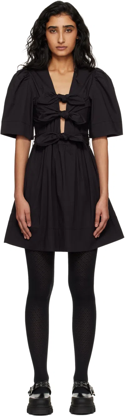 Ganni Belted Bow-embellished Stretch-cotton Poplin Midi Dress In Black