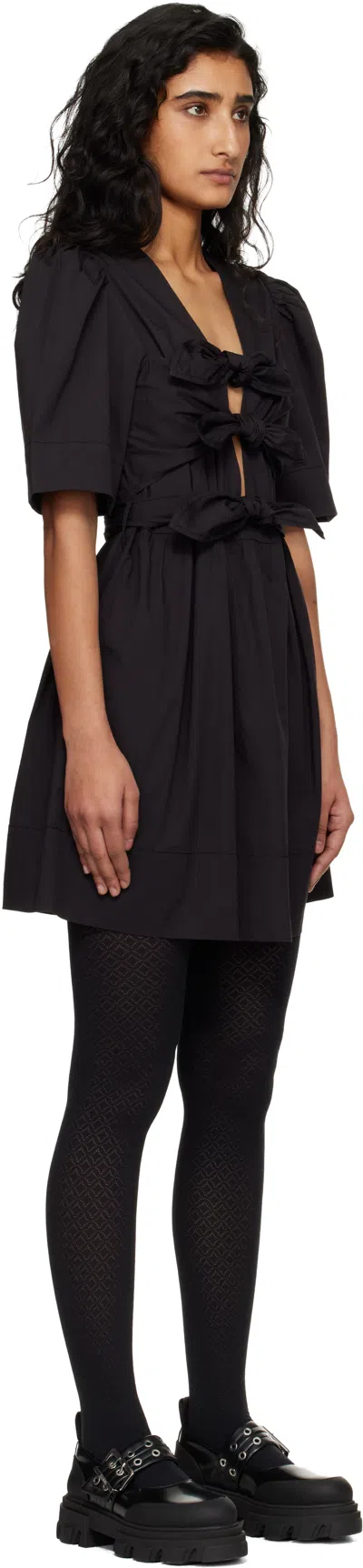 Ganni Belted Bow-embellished Stretch-cotton Poplin Midi Dress In Black