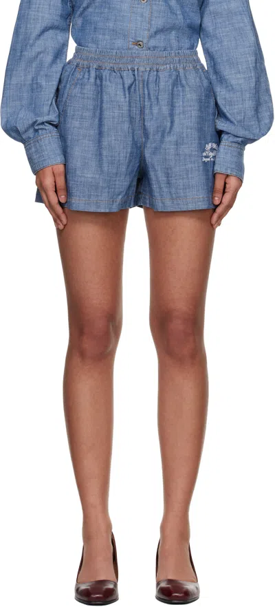 Off-white Chambray Denim Pajama Shorts Dark Blue