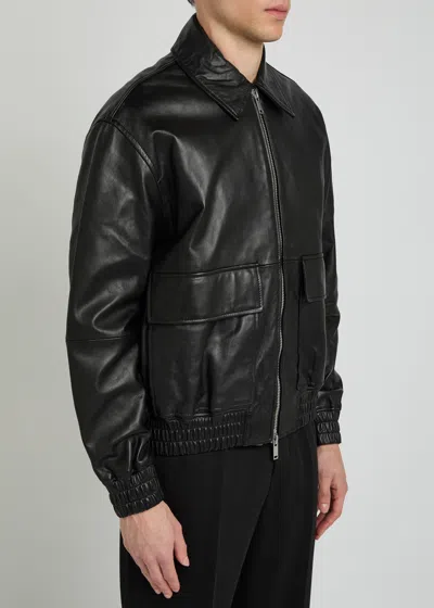 Studio Nicholson Leather Bomber Jacket Collared Elasticated Hem In Black
