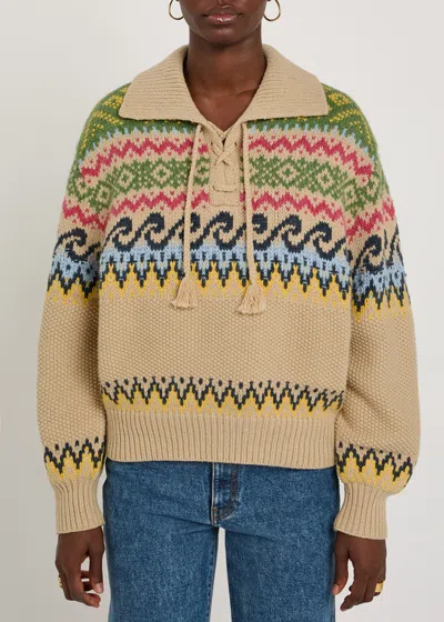 Polo Ralph Lauren Cotton Wool Blend Long Sleeve Tie Pullover Tan Multi In Neutral