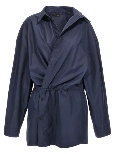 Balenciaga Elasticated Waistband Cotton Shirt Mini Dress In Blue