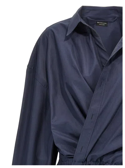 Balenciaga Elasticated Waistband Cotton Shirt Mini Dress In Blue