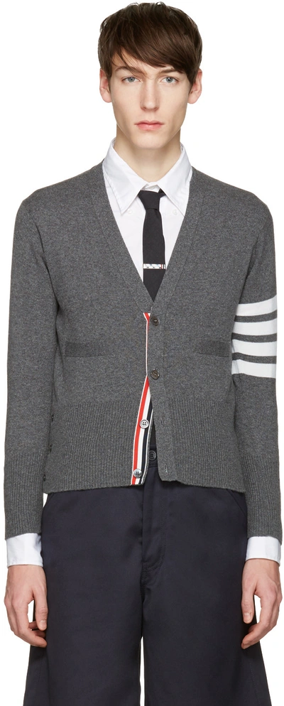 Shop Thom Browne Grey Classic Short V-neck Cardigan