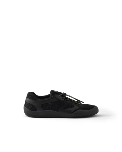 Prada Speedrock Leather And Mesh Fabric Sneakers Shoes In Black