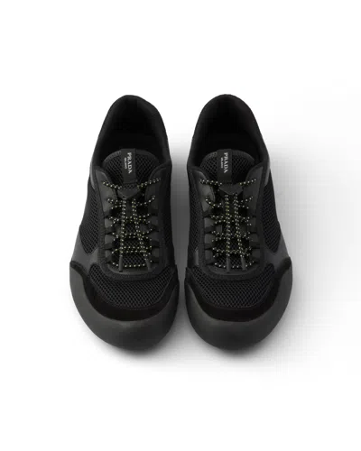 Prada Speedrock Leather And Mesh Fabric Sneakers Shoes In Black