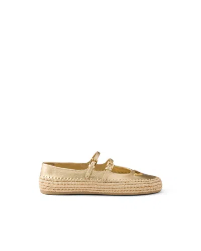 Prada Gold Raffia And Leather Espadrilles In Silver