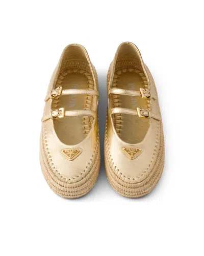 Prada Gold Raffia And Leather Espadrilles In Silver