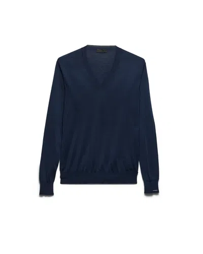 Prada Pullover Aus Baumwolle Mit V-ausschnitt In Blue