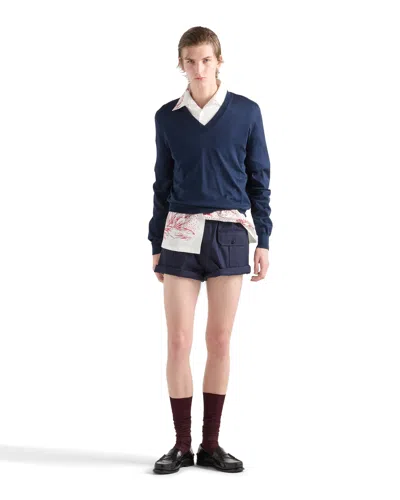 Prada Pullover Aus Baumwolle Mit V-ausschnitt In Blue