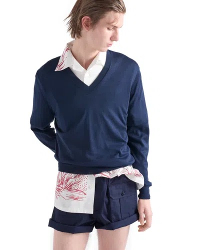 Prada Pullover Aus Baumwolle Mit V-ausschnitt In Blue