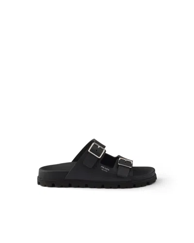 Prada Flat Sole Open Toe Leather Sandals In Black