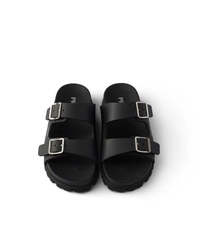 Prada Flat Sole Open Toe Leather Sandals In Black
