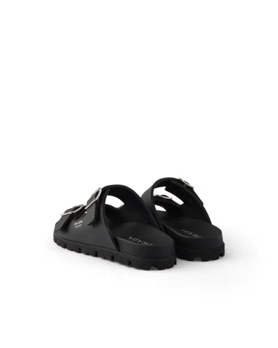 Prada Flat Sole Open Toe Leather Sandals In Black
