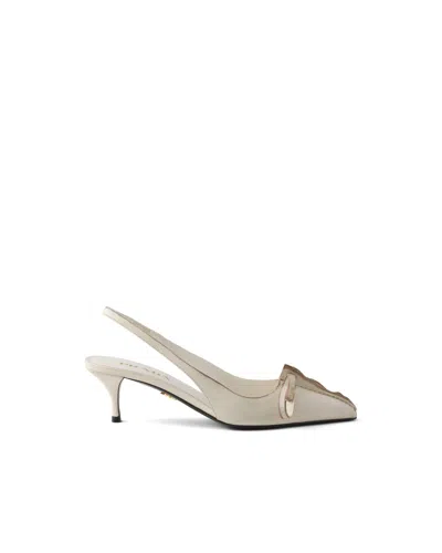 Prada Leather Slingback Pumps Bow Kitten Heel In White