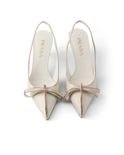 Prada Leather Slingback Pumps Bow Kitten Heel In White