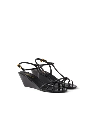 Prada Leather Sandals Wedge Heel Open Toe In Black