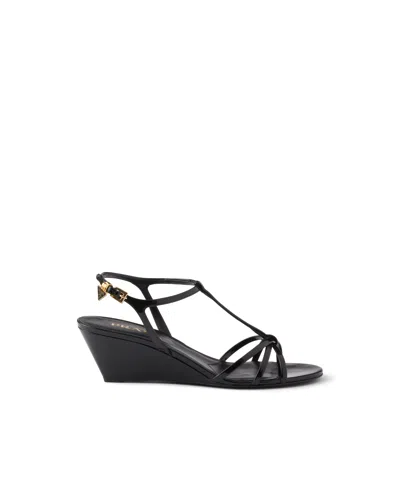 Prada Leather Sandals Wedge Heel Open Toe In Black