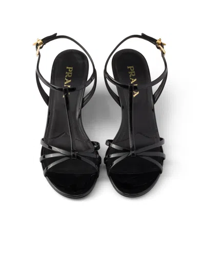 Prada Leather Sandals Wedge Heel Open Toe In Black