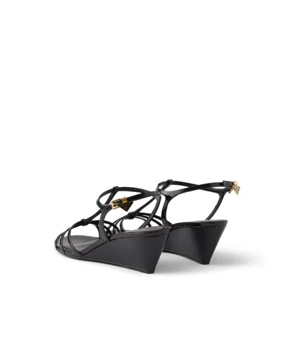 Prada Leather Sandals Wedge Heel Open Toe In Black
