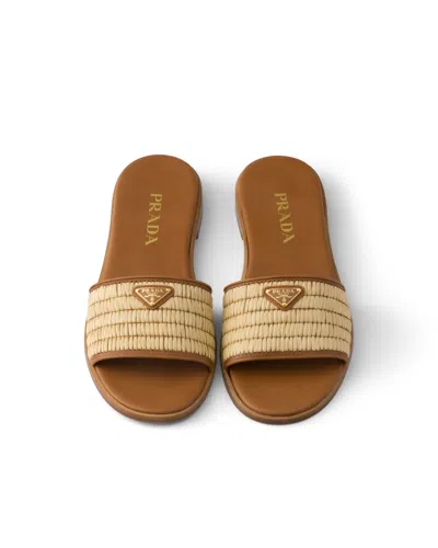 Prada Beige Raffia And Leather Slippers In Neutral