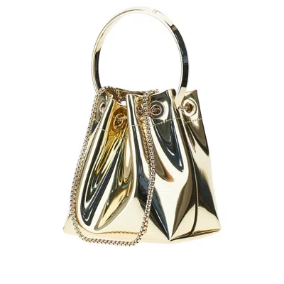 Jimmy Choo Shiny Mirror-effect Bon Bon Bag With Chain Drawstring And Metal Handle In Gold
