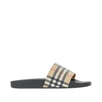 Burberry Brown Slides Sandals With Vintage Check Motif In Polyurethane In Multi