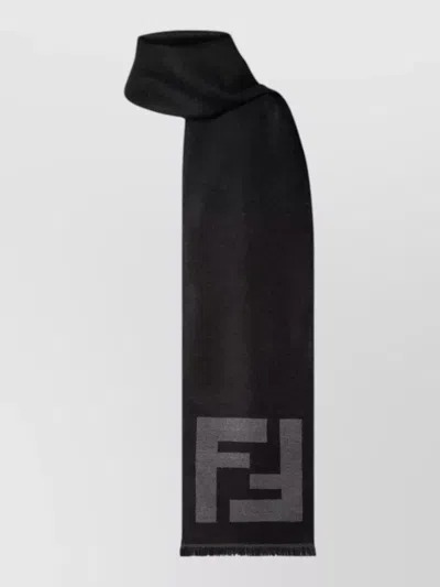 Fendi Ff Logo Scarf Rectangular Shape Fringed Edges In Black
