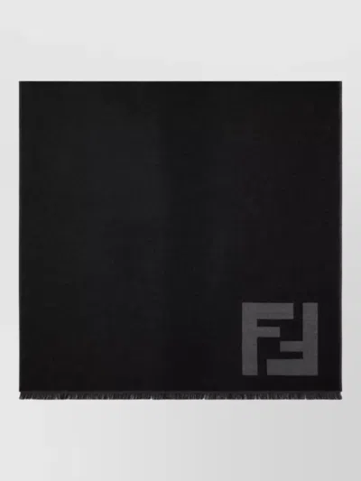 Fendi Ff Logo Scarf Rectangular Shape Fringed Edges In Black