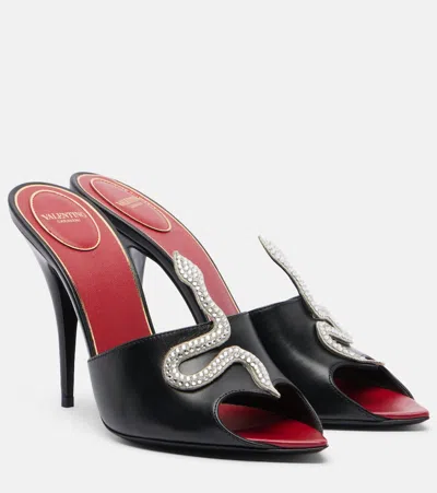 Valentino Garavani 105mm Strass Snake Leather Mule Pumps In Black