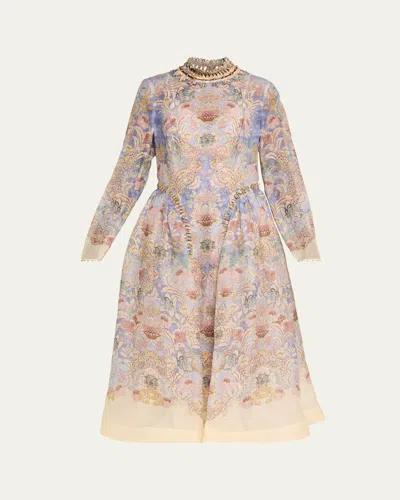 Zimmermann Womens Blue Floral Rebellion Beaded Linen And Silk Midi Dress Xs In Multi
