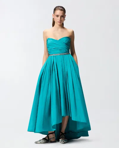 Pinko Dattero Dress Strapless Ruched Bodice Pleated Skirt In Green