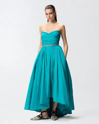 Pinko Dattero Dress Strapless Ruched Bodice Pleated Skirt In Green