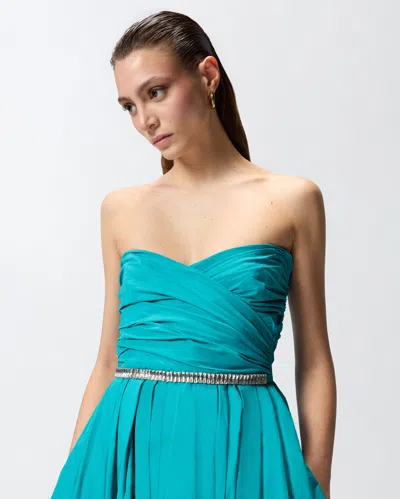 Pinko Dattero Dress Strapless Ruched Bodice Pleated Skirt In Green